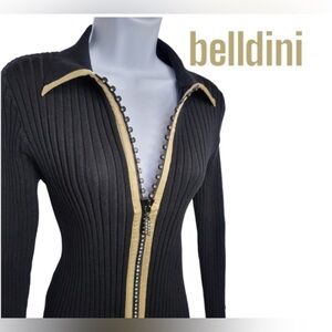 Nwt- Belldini Sweater Shirt Womens Black Slim Zip Up Collared Jewels